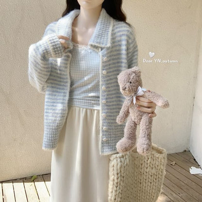 Collar Striped Contrast Trim Cardigan