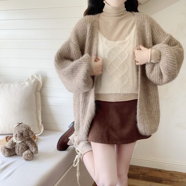 Plain Ribbed Open Front Cardigan
