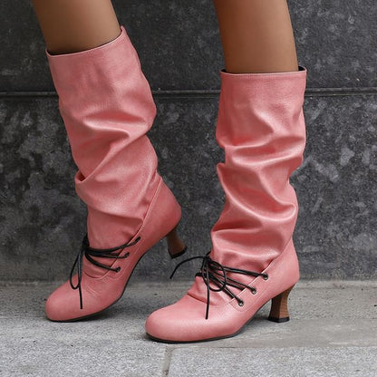 High Heel Lace Up Mid Calf Boots