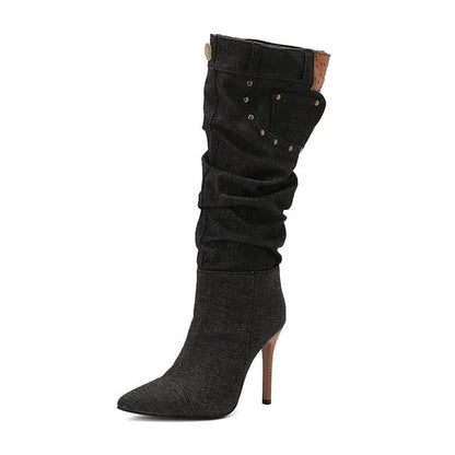 Pointed Toe Studded Panel Denim Stiletto Knee High Boots