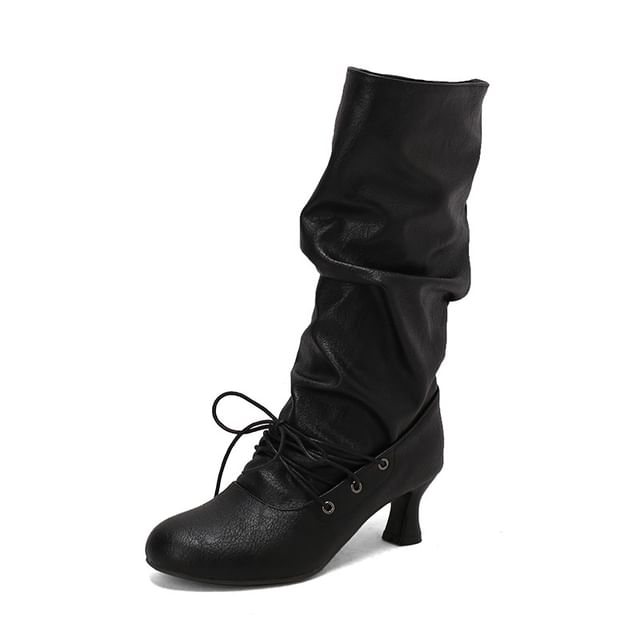 High Heel Lace Up Mid Calf Boots
