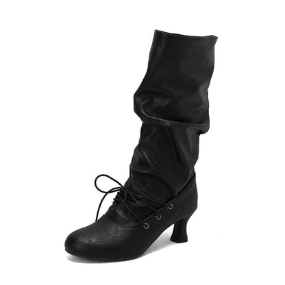 High Heel Lace Up Mid Calf Boots