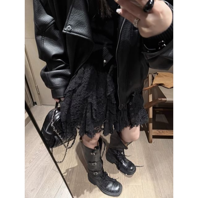 Lace-Trim A-Line Mini Skirt High Waist