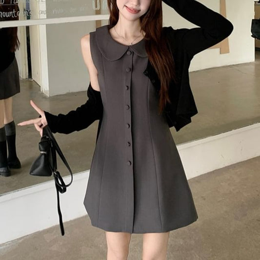 Sleeveless Collar Plain Button Mini A-Line Dress / Cardigan