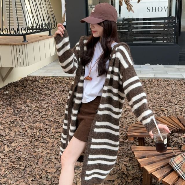 Striped Drawstring Hooded Cardigan (Various Designs)