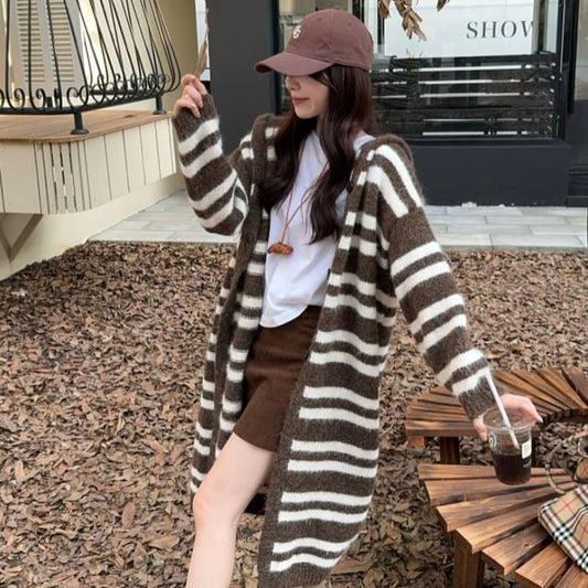 Striped Drawstring Hooded Cardigan (Various Designs)