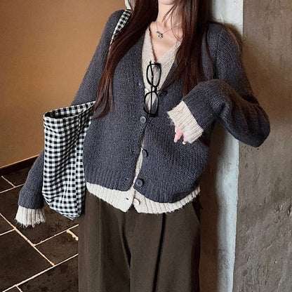 Mock Two-Piece V-Neck Two Tone Cardigan
