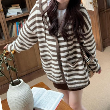 Striped Drawstring Hooded Cardigan (Various Designs)