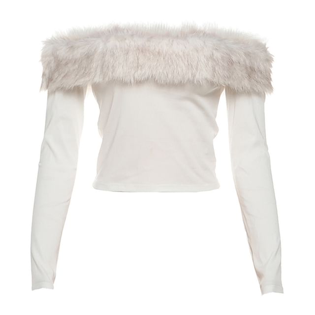 Off-Shoulder Faux Fur Panel Long-Sleeve Top