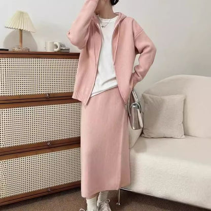Set: Zip-Up Cardigan + High Waist Plain Maxi Skirt
