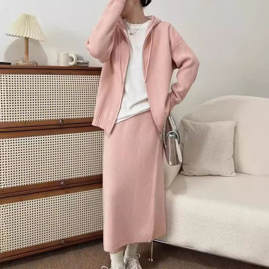 Set: Zip-Up Cardigan + High Waist Plain Maxi Skirt