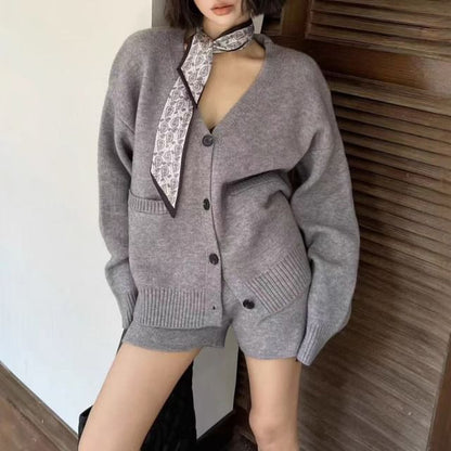 Set: V-Neck Plain Cardigan + Mid Rise Hot Pants