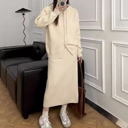 Set: Zip-Up Cardigan + High Waist Plain Maxi Skirt