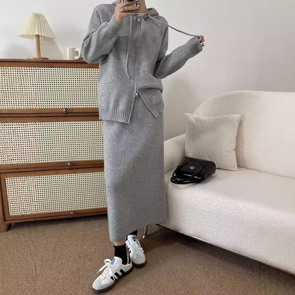 Set: Zip-Up Cardigan + High Waist Plain Maxi Skirt