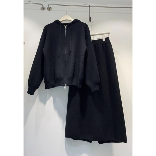 Set: Zip-Up Cardigan + High Waist Plain Maxi Skirt