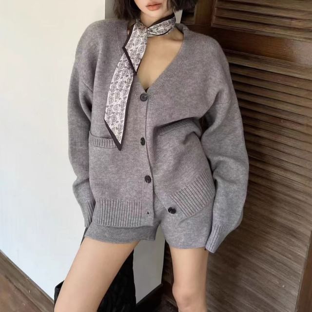 Set: V-Neck Plain Cardigan + Mid Rise Hot Pants