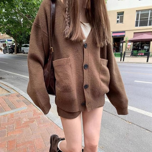Set: V-Neck Plain Cardigan + Mid Rise Hot Pants