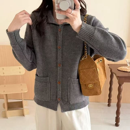 Collared Plain Button-Up Cardigan