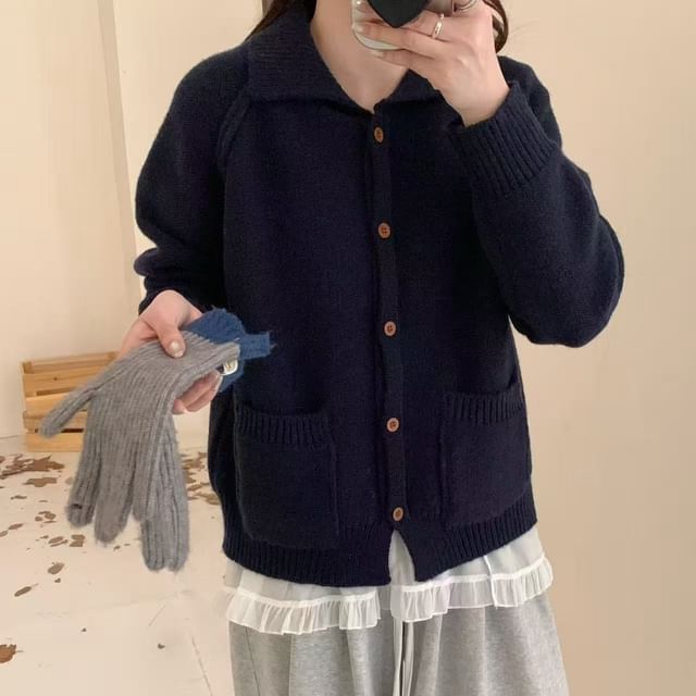 Collared Plain Button-Up Cardigan