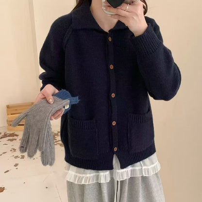 Collared Plain Button-Up Cardigan