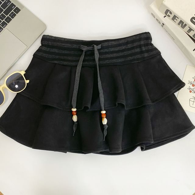 Striped Ruffle Panel Faux Suede Mini A-Line Skirt Drawstring Waist