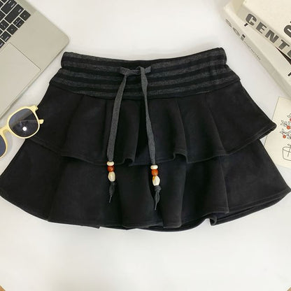 Striped Ruffle Panel Faux Suede Mini A-Line Skirt Drawstring Waist