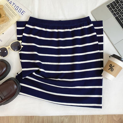 Striped Knit Maxi Pencil Skirt with Slit High Waist