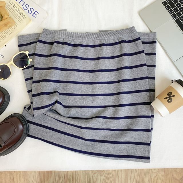 Striped Knit Maxi Pencil Skirt with Slit High Waist