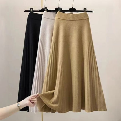 Solid Knit Maxi A-Line Skirt High Waist