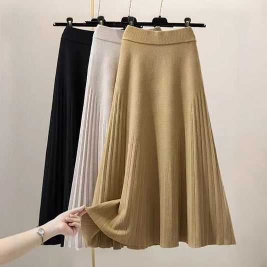 Solid Knit Maxi A-Line Skirt High Waist