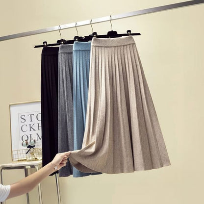 Solid Knit Pleated Midi Skirt High Rise