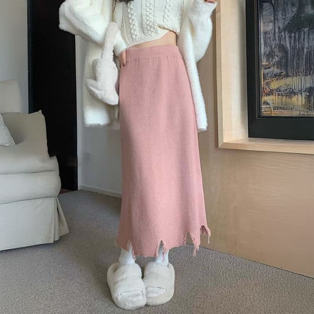 Solid Distressed Knit Midi A-Line Skirt High Rise