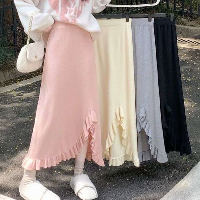 Solid Ruffle Trim Slit Midi A-Line Skirt High Waist