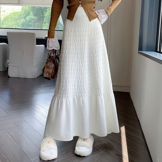 Solid Ruched Knit Midi A-Line Skirt High Rise