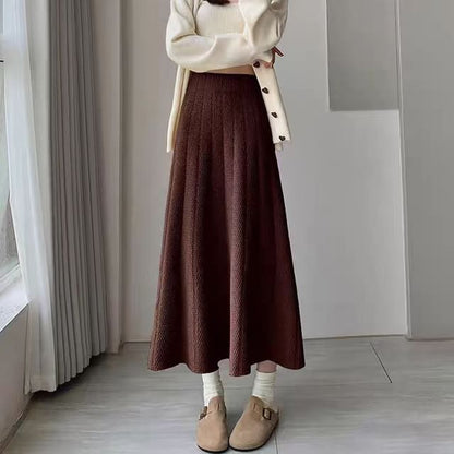 Solid Knit Midi A-Line Skirt High Rise