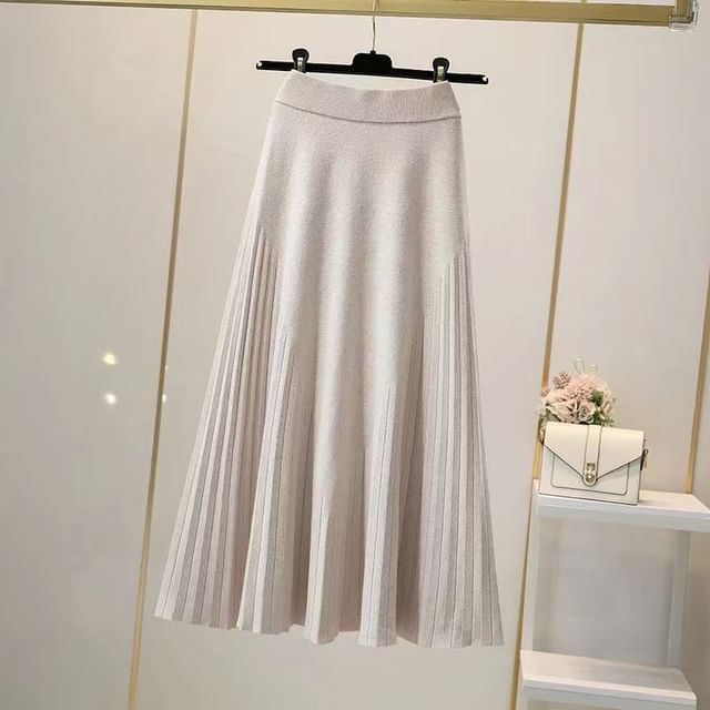 Solid Knit Maxi A-Line Skirt High Waist