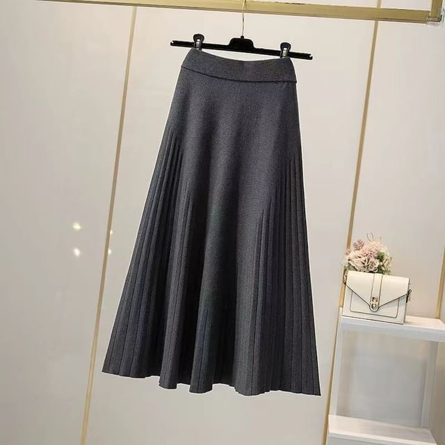 Solid Knit Maxi A-Line Skirt High Waist
