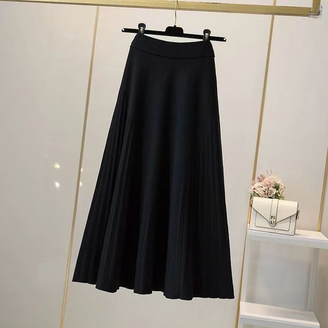 Solid Knit Maxi A-Line Skirt High Waist
