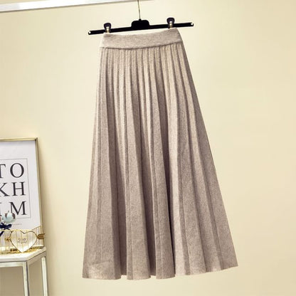 Solid Knit Pleated Midi Skirt High Rise