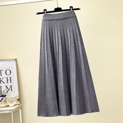 Solid Knit Pleated Midi Skirt High Rise