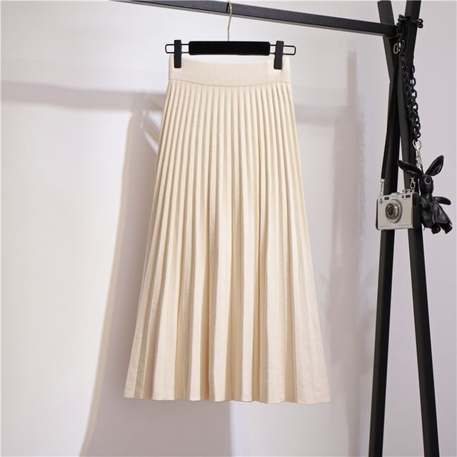 Solid Knit Pleated Midi Skirt High Rise