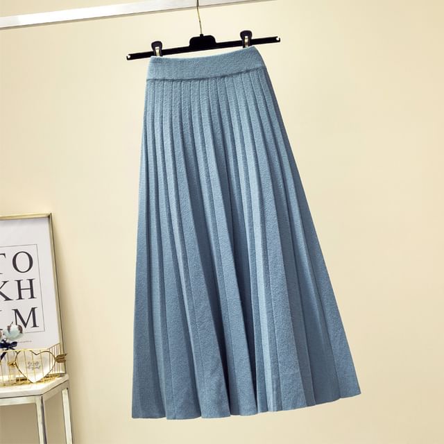 Solid Knit Pleated Midi Skirt High Rise