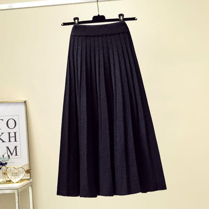 Solid Knit Pleated Midi Skirt High Rise