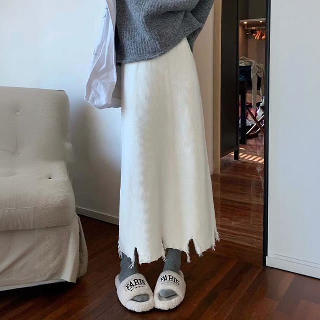 Solid Distressed Knit Midi A-Line Skirt High Rise