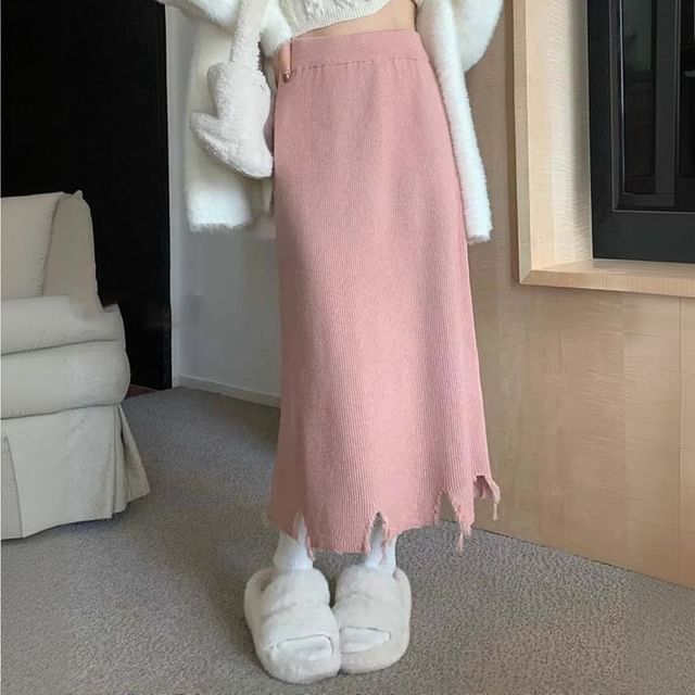 Solid Distressed Knit Midi A-Line Skirt High Rise