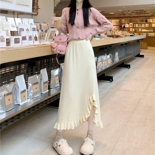 Solid Ruffle Trim Slit Midi A-Line Skirt High Waist