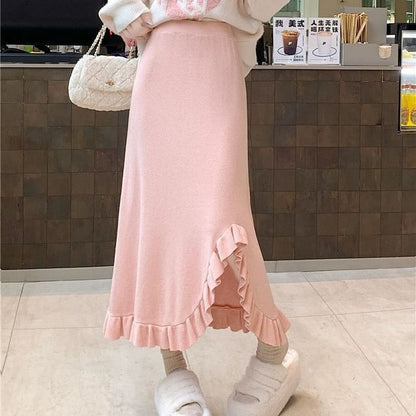 Solid Ruffle Trim Slit Midi A-Line Skirt High Waist