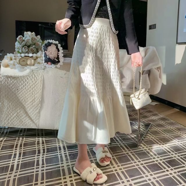 Solid Ruched Knit Midi A-Line Skirt High Rise