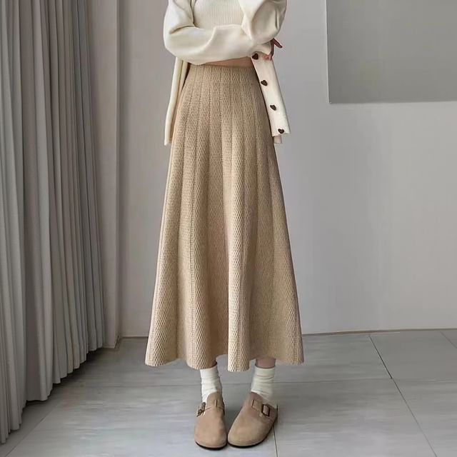 Solid Knit Midi A-Line Skirt High Rise