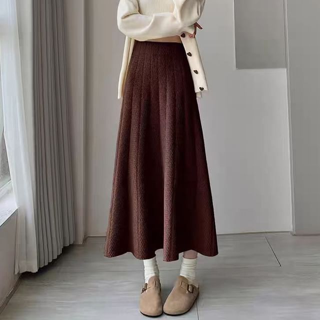 Solid Knit Midi A-Line Skirt High Rise